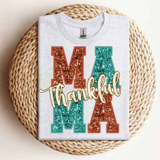 Faux Sequin Thankful Mama Tee