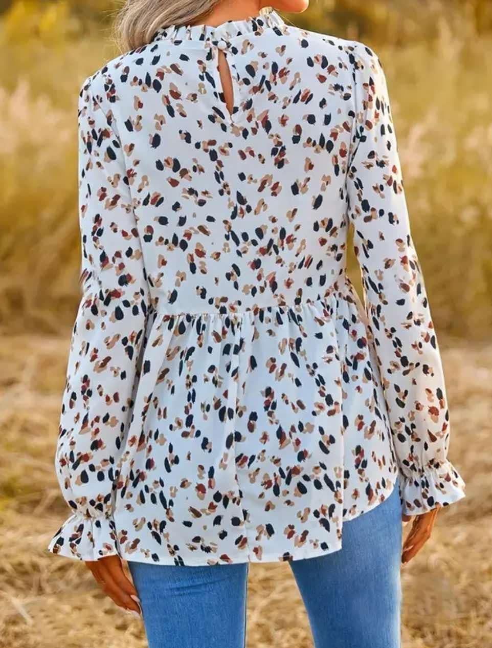 Leopard Ruffle Long Sleeve Blouse