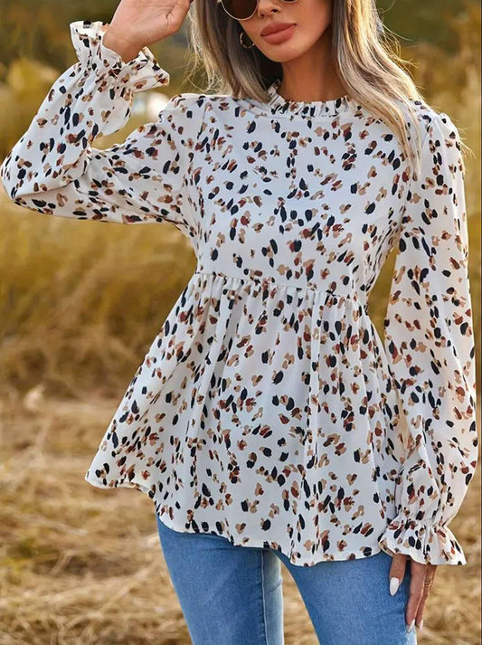 Leopard Ruffle Long Sleeve Blouse