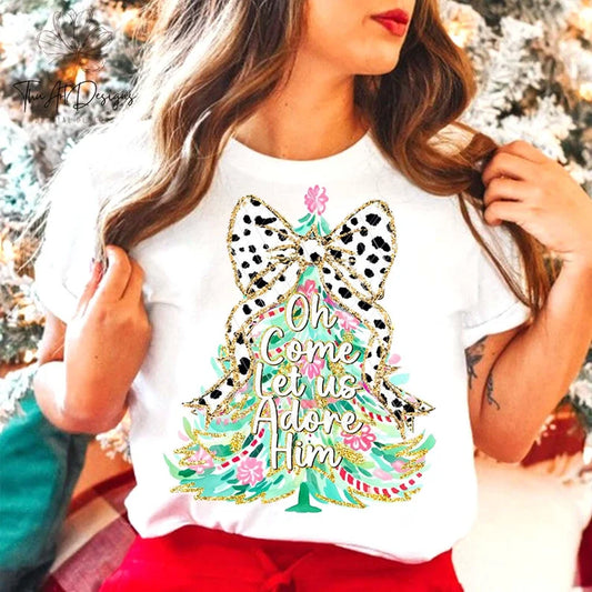 Oh Come Let Us Adore Him Colorful Christmas Tree Tee