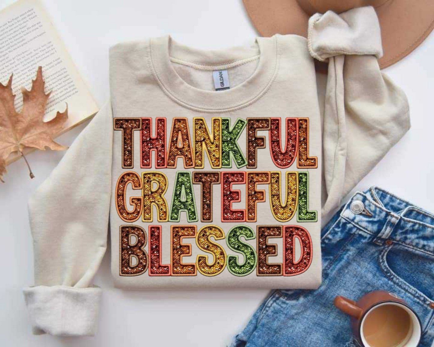 Faux Sequin Thankful Grateful Blessed Tee