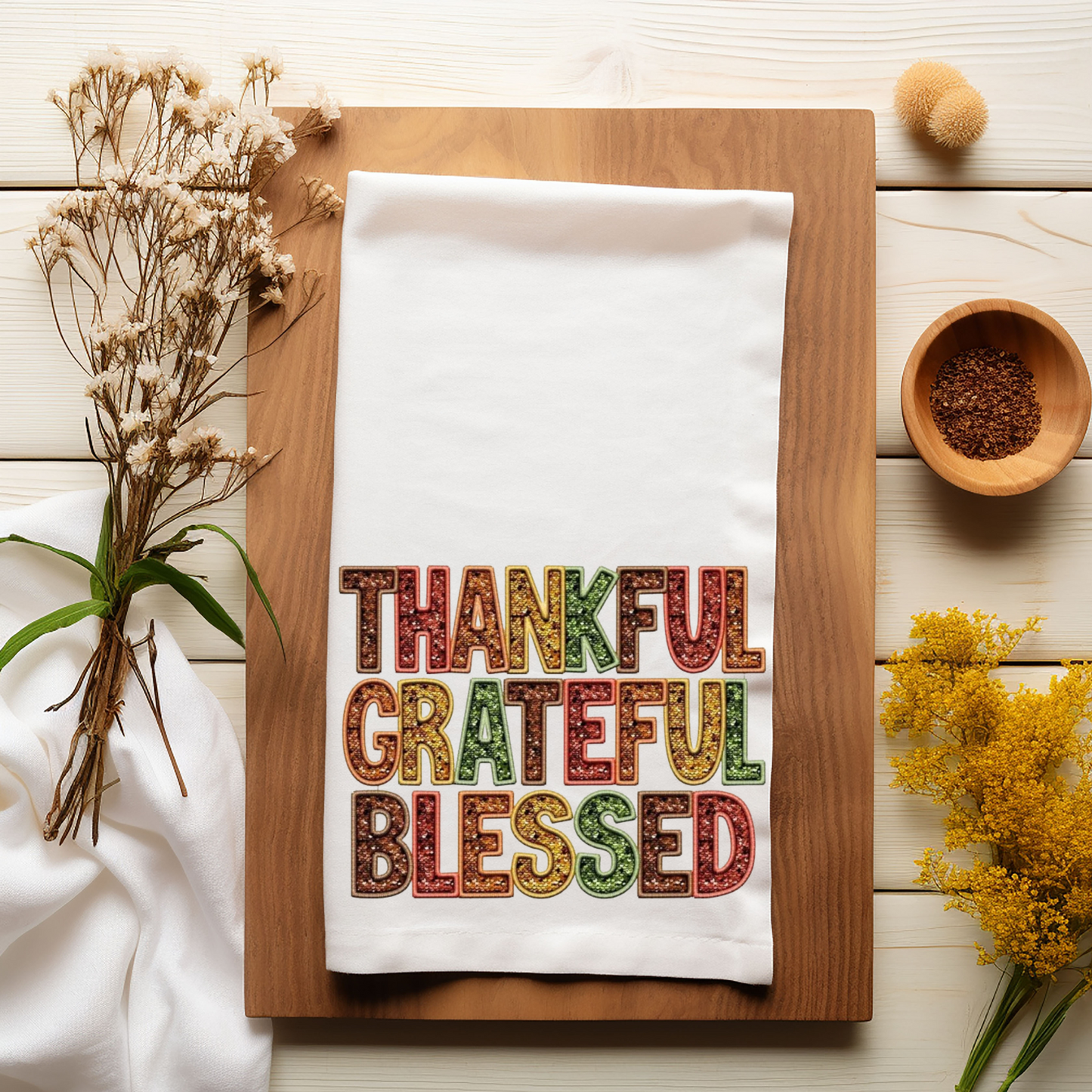 Faux Sequin Thankful Grateful Blessed Kitchen Towel